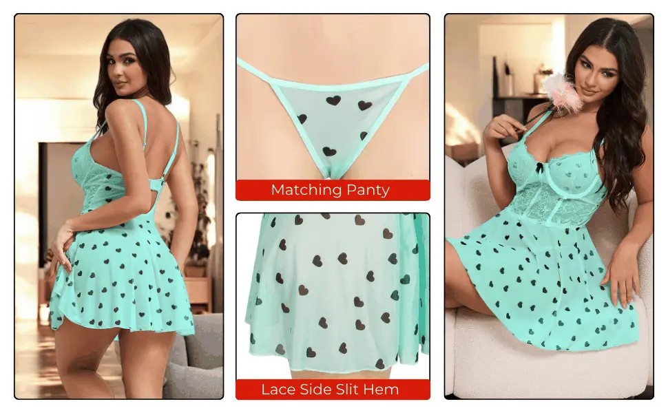 Love Salve Lingerie Heart Printed Lace Mesh Push up Night Dress - Love Salve